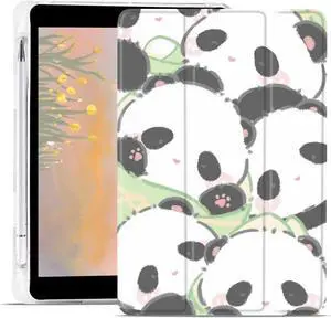 JOYLAND Cute Panda Case for iPad Air/iPad Air 2 9.7 Inch with Pencil Holder, Clear TPU Foldable Smart Stand Back Cover, Auto Wake/Sleep Full Body Protection Shockproof Case