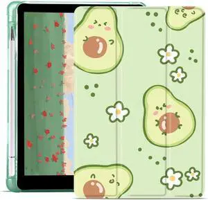 JOYLAND Cute Avocado Printed for 10.2 Inch iPad 9th/7th/8th Generation for iPad 2021/2020/2019 Case with Pencil Holder, Auto Wake/Sleep Foldable Cartoon Case, TPU Smart Stand Back Cover for Girls Kids