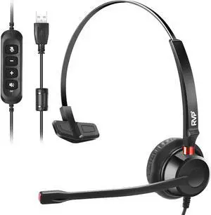 RVP+ USB Plug Corded Noise Canceling Headset with Microphone, Single Ear Headset with Mic, Call Center Headset for Laptop Computer - Black