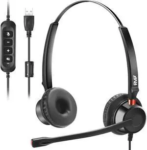 RVP+ Stereo USB Headset with Environmental Noise Cancelation (ENC), Wired Headset with Mic, Call Center Headset for Laptop Computer - Black
