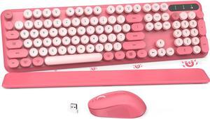 Wireless Keyboard and Mouse Combo - Pink Retro Keyboard with Round Keycaps, Full-Size Typewriter Keyboard with Detachable Wrist Rest, 2.4GHz Dropout-Free Connection for Mac/Windows/PC(Pink-Colorful)