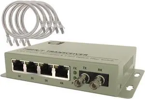 4 Port RJ-45 Gigabit Ethernet to Multimode ST 850nm Fiber Media Converter | Mini Switch - Built-in Fiber Module 550m (0.34 Miles) to UTP Cat5e Cat6 4 x 10 100 1000 RJ-45 AutoSensing Ports