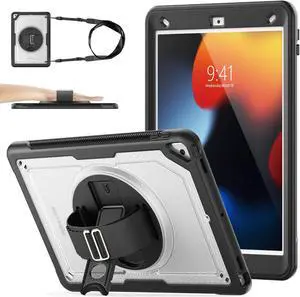 SEYMAC stock Case for iPad 9th/ 8th/ 7th Generation Case 10.2'', Full-Body Drop Protection Frosting-Anti-Slip Case with Screen Protector Pen Holder [360° Rotate Strap/Stand] 2021/2020/ 2019, Clear