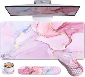 Anyshock Pink Desk Mat, Large Mouse Pad with Wrist Rest, Ergonomic Keyboard Wrist Support, Carpal Tunnel Mousepad XXL Cushion with Coaster Set, Computer Keyboard Mat, Pink Marble