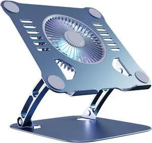 SHUWEI Laptop Cooling Stand with 3 Speed Fan, Adjustable Height Laptop Stand for Desk, Ergonimic Foldable Laptop Cooling Pad for 10-15'' Notebook (Bule-Gray, No 360deg Rotating Base)