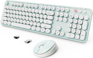 Wireless Keyboard and Mouse Combo, Ergonomic Full Size Typewriter Retro Round Keycaps Keyboard, Compatible with Windows, PC, Perfer for Home and Office Keyboards(Green)