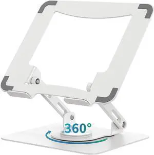 SOUNDANCE Laptop Stand with 360° Rotating Base, Ergonomic Computer Riser for Desk, Adjutable Height Muti-Angle, Foldable Laptop Mount, Stable Metal Holder Support 10-15.6" Notebook PC, White