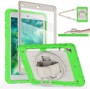 Stweap Case for iPad 6th/5th Generation 9.7'' with Screen Protector Pencil Holder [360 Rotating Hand Strap] &Stand, Drop-Proof Case for iPad 6th/5th/ Air 2/ Pro 9.7 (FruitGreen&Beige)