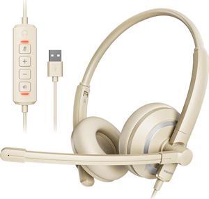 awatrue USB Headset with Microphone for PC Laptop - Headphones with Noise Cancelling Microphone for Computer,On-Ear Wired Office Call Center Headset for Boom Skype Webinars,Lightweight-Apricot