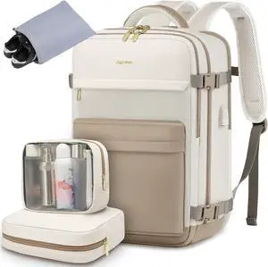 Travel Backpack for Women, 35L Large Carry On Backpack Flight Approved, Waterproof Personal Item Travel Bag fits 17 inch Laptop, TSA Backpack Suitcase with 2 Toiletry Bags & Shoe Bag, Beige