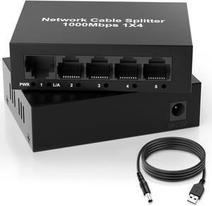1000Mbps Ethernet Splitter 1 in 4 Out, 5 Port Ethernet Splitter with USB Power Cable Adapter for Cat7/Cat6/Cat5e/Cat5, Gigabit Ethernet Switch 1 to 4 Out Plug and Play Silent Operation