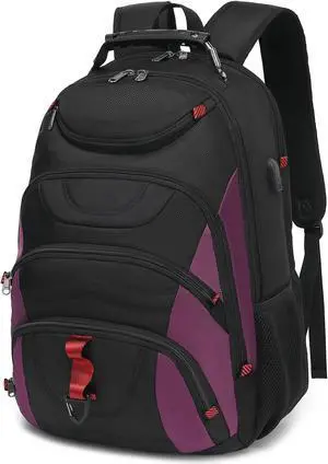 Boavan Laptop Backpack for men, 17.3 inch Laptop Bag with USB Port, Waterproof Travel Work Backpack Purse, Anti-Theft Teacher Nurse Doctor Casual Bookbags Office Business backpackBlack& Purple