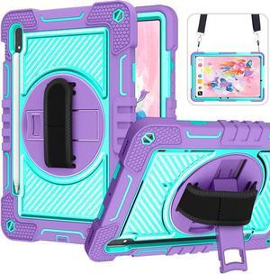 Shockproof Case for Samsung Galaxy Tab S8+/S7+/S7 FE 12.4" Tablet with Shoulder Strap, Techcircle Heavy Duty Rotating Kickstand Rugged Defender Protective Case w/Adjustable Hand Strap, Lavender+Aqua