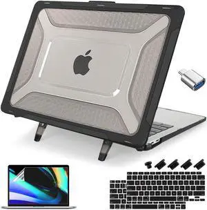 Teryeefi for MacBook Air 13 Case M1 A2337/A2179/A1932 2021 2020-2018 Release, Kickstand Shockproof Protective Hard Shell & Keyboard Cover & OTG Adapter for MacBook Air 13 inch with Touch ID, Black-FW