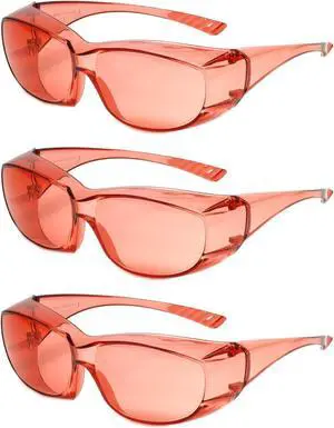 Calabria 6000 3 Pack FL41 Pink Fitover Safety Glasses Wear Over Prescription Glasses, Migraine Glasses FL-41 Light Sensitivity Women Men Indoor Outdoor Blue Light Blocker Over Glasses Eye Protection