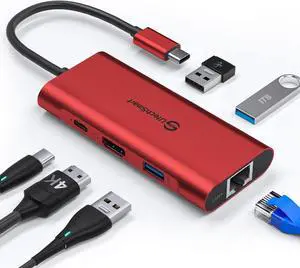 UtechSmart USB C Hub, Ethernet Multiport Adapter 6 in 1 USB C to HDMI Dock Compatible for MacBook Pro/Air, Chromebook, Dell XPS, HP and Type C Devices (Gigabit Ethernet 100W PD 4K HDMI USB 3.0) Red