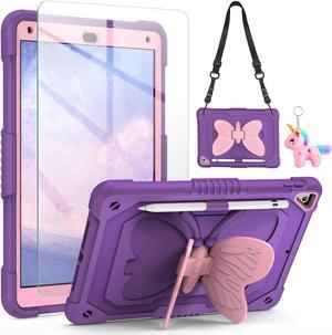 for iPad 6th/5th Generation Case with Screen Protector, iPad 9.7 Case 2018 2017 Butterfly Stand Strap Dolls Pencil Holder Kids Girls Hard Cover for iPad Pro/iPad Air 2th, iPad 6th/5th 9.7''-Purple
