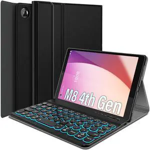 Wineecy Backlit Keyboard Case for Lenovo Tab M8 4th Gen 8.0 Inch 2023 (TB-300FU /TB-300XU), 7 Colors Backlight Detachable Wireless Keyboard & PU Folio Stand Cover Case for Lenovo Tab M8 8" Gen 4 2023