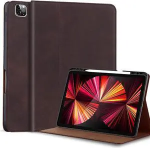 Gexmil Genuine Leather Case for iPad Pro 11 Inch 4/3/2/1st Gen 2022/2021/2020/2018,Smart Folio with Pencil Holder,Protective Shockproof Real Leather Cover,Auto Sleep/Wake,Sanded Brown