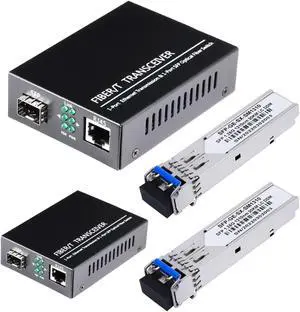2 Pack 1.25G/s Bidi Gigabit Single-Mode Fiber to Ethernet Media Converter with 2PCS Bidi SFP LC Dual Transceiver Module Included, 10/100/1000Base-Tx to 1000Base-LX SMF RJ45 to SFP Slot up to 550M