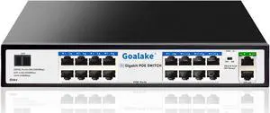 Goalake PoE Switch with 16 Gigabit PoE+ @240W Built-in Power, 2 Uplink Gigabit Port + 1 Combo SFP Slots, IEEE802.3af/at, Metal Casing, VLAN Mode, AI Function, Plug & Play Rack-mountable