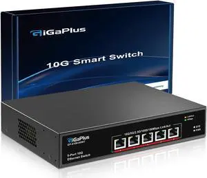 5-Port 10Gb Ethernet Switch Unmanaged with 5 x 10G RJ45 Ports, GiGaPlus 10Gbe Network Switch Easy for 10G NAS, PC, WiFi7 Routers, 10G NIC/Adapters. 100Gbps Switching Capacity. Desktop/19-inch Rack