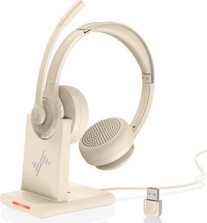 Wireless Headset with AI Noise Cancelling Microphone Bluetooth Headset - Bluetooth V5.2 Headphones with USB Dongle, Charging Base & Mic Mute for Computer/Laptop/PC/iPhone/Android/Cell Phones-Apricot