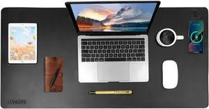Wireless Charging Mouse Pad with for Desktop Charging Large Desk Mat 36"x17" Waterproof Black Leather Computer Mat Mousepad Non-Slip Protector on Top of Desks for Keyboard and Mouse(Black-R)