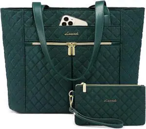 LOVEVOOK Laptop Bag for Women 17 inch,Diamond Quilted Work Tote Bags Womens Laptop Tote Bag Computer Shoulder Bags,Stylish Travel Tote Bag Laptop Purse Briefcase Handbag with Clutch Purse,Dark Green
