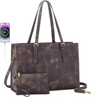 LOVEVOOK Laptop Bag for Women, 15.6 Inch Large Leather Computer Tote Bag with Cluth Purse for Business/Work/Travel/Office/Casual,Waterproof Shoulder Handbag Briefcase, Brownish Gray