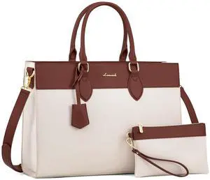 LOVEVOOK Laptop Tote Bag for Women, 15.6 inch Work Bag Purse, Waterproof Leather Women Business Office Briefcase, Beige-Brown