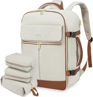 LOVEVOOK Travel Backpack, Carry On Backpack for Women, 40L Flight Approved Personal Item Backpack, Large Water Resistant Luggage Daypack with 3 Packing Cubes, fits 17inch Laptop, Beige-brown