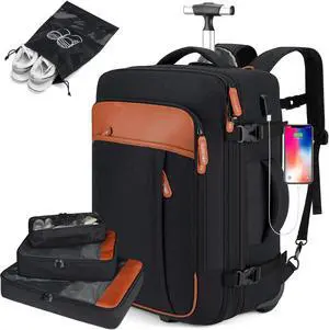 Rolling Backpack for Men and Women, Extra Large 42L Travel Backpack with Wheels, 17.3 Inch Carry-On Laptop Bag with 4 packing cubes for Business and Work, Large Capacity Rolling Bag