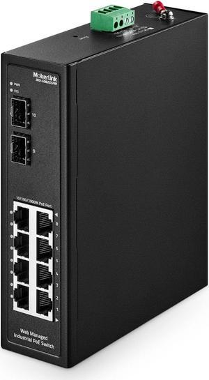 MokerLink 8 Port PoE Gigabit Industrial DIN-Rail Ethernet Switch Managed, 2 SFP Ports, IEEE802.3af/at, 20Gbps Switching Capacity, Web Managed IP40 Network Switch (-40 to 185degF)
