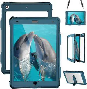 MRUOZRUI iPad 9th 8th 7th Generation Case Waterproof, Full Body Protective Shockproof Case with Built-in Screen Protector, Pencil Holder, Stand, Shoulder Strap for iPad 9th 8th 7th Gen 10.2 inch Teal