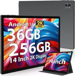 POWMUS 2025 Tablet 14 inch Android 14 Tablets, 2K Display, 256GB Storage(Expand to 1TB),36GB(12+24) RAM, 11580 mAh Battery 18W PD Fast Charger, 8 Core CPU,4 Speakers, 5G WiFi Tablet with Case-Gray