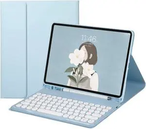 HENGHUI Keyboard Case for Galaxy Tab S9 11 inch Cute Round Key Color Keyboard Wireless Detachable BT Keyboard Cover with S Pen Holder (SkyBlue)