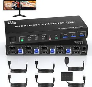 8K@60Hz Displayport USB 3.0 KVM Switch 2 Monitors for 4 Computers 8K@60Hz 4K@144Hz, DP1.4 Dual Monitor Displayport KVM Switch 4 Port with Audio Microphone Output and 3 USB 3.0 Ports, DP Monitor Switch