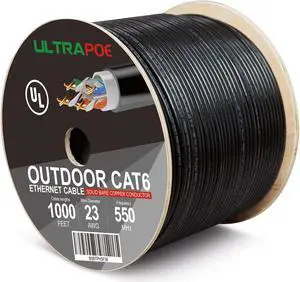 UltraPoE Outdoor Direct Burial Cat 6 Ethernet Cable 1000ft,Waterproof UV Resistant,23AWG Solid Bare Copper,550MHz,PoE++ (4PPoE),UL Listed,Unshielded UTP,CMX,Network Internet Wooden Axle Bulk Black