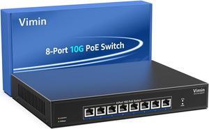 8-Port 10G PoE Switch Unmanaged, VIMIN 10Gbps Power Over Ethernet Switch Support IEEE802.3 af/at, for 10G NAS Network, Plug & Play, 160Gbps Switching Capacity, Desktop & Rack Mount