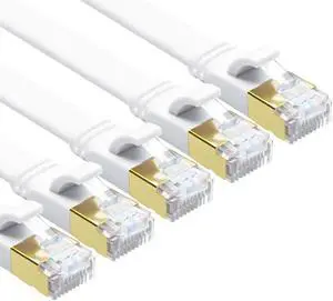 Yauhody CAT8 Ethernet Cable, 10ft 5 Pack Flat CAT8 Patch Cord, Faster than CAT7/CAT6/CAT5e, High Speed 40Gbps 2000MHz SFTP Network LAN Cable with Gold Plated RJ45 for Gaming, Router(10ft/5 Pack/White)