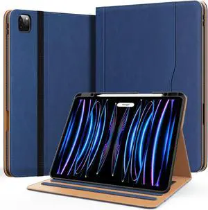 Zonefoker for New iPad Pro 12.9 Case 6th/5th/4th/3rd Generation 2022/2021/2020/2018, 12.9 inch ipad Pro Leather Folio Cover with Pencil Holder, Multi-Angle Viewing Stand, Auto Wake/Sleep, Navy Blue