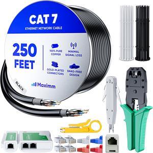 Maximm Cat7 High-Speed Wire Installation Kit 250 ft Black - Crimp Tool, 50 RJ45 Connectors, Tester, Cable Ties, Caps, Adapters - Tools & Accessories Included