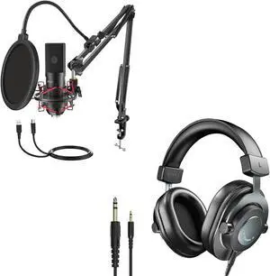 FIFINE USB Microphone Set, 1/4 or 1/8 Podcast Monitoring Wired Headphones, Gaming Microphone Kit Bundle for Streaming, Podcast, Home Studio, Headphones with Detachable Cables (T732+H8)