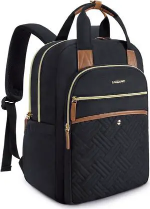 BAGSMART Women's Laptop Backpack, 15.6 Inch, Quilted Black, USB Charging Port, Ergonomic Design, Large Capacity