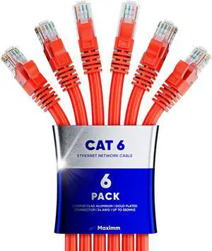 Maximm Cat 6 Ethernet Cable 40 ft (6-Pack) - High-Speed LAN Cable, Internet Cable, Patch Cable, and Network Cable - UTP, 10Gbps, 550MHz Ethernet Cord - Orange
