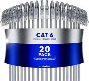 Maximm Cat 6 Ethernet Cable 40 ft (20-Pack) - High-Speed LAN Cable, Internet Cable, Patch Cable, and Network Cable - UTP, 10Gbps, 550MHz Ethernet Cord - Gray