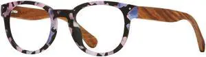 Blue Planet Round Glasses for Men and Women - Astrid Walnut Wood with Matte Lavender Tortoise Round Frame Glasses, Blue Light Blocking Circle Glasses, Round Eyeglasses, 2.50