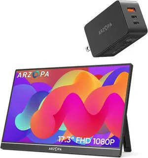 ARZOPA 17.3" Portable Monitor & 65W USB C Charger Block, 1080P FHD 100% sRGB IPS Gaming Monitor Laptop Monitor & GaN Fast Charger 3-Port Power Adapter Compact Foldable Plug