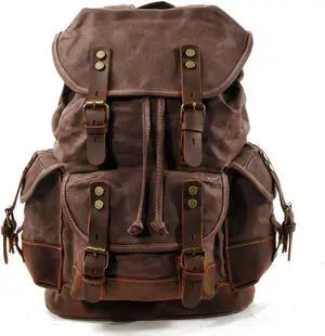 WUDON Men Travel Backpack, Genuine Leather-Waxed Canvas Shoulder Hiking Rucksack (Coffee Backpack)